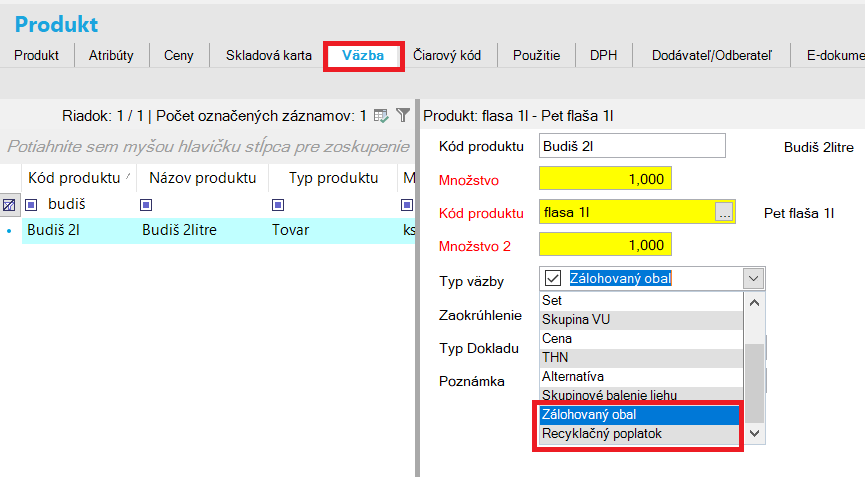 Typ produktu - väzba